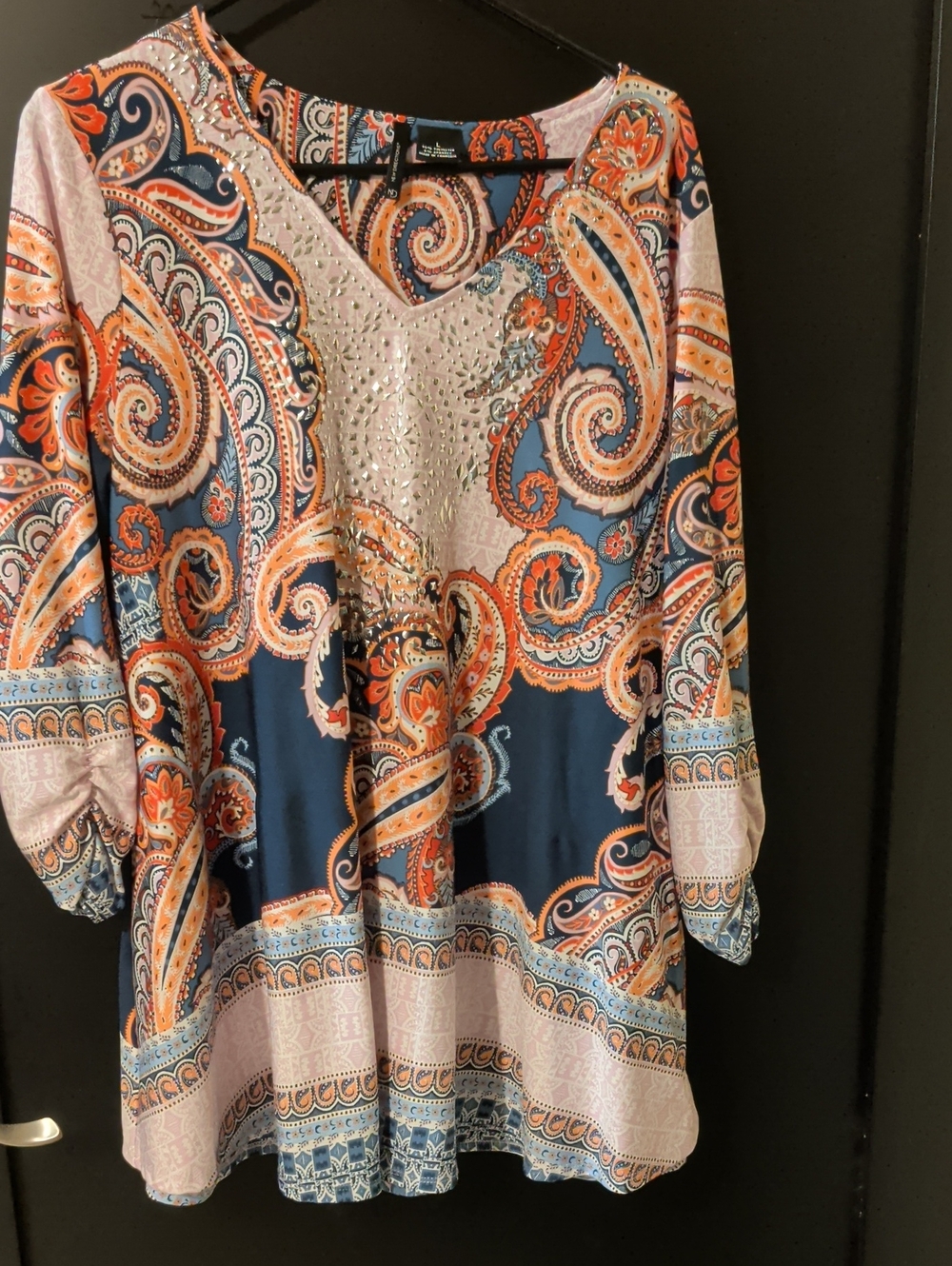 New Directions Navy, Orange & Cream Paisley Embellished V-Neck Tunic